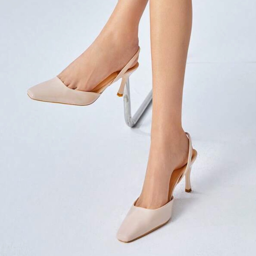Square Toe Stiletto Heeled Slingback beige patent Pumps